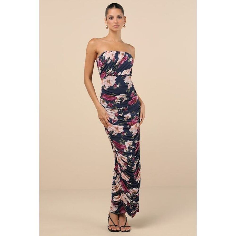 Lulus Averie Navy Floral Mesh Strapless Maxi Dress Blue - Size XS